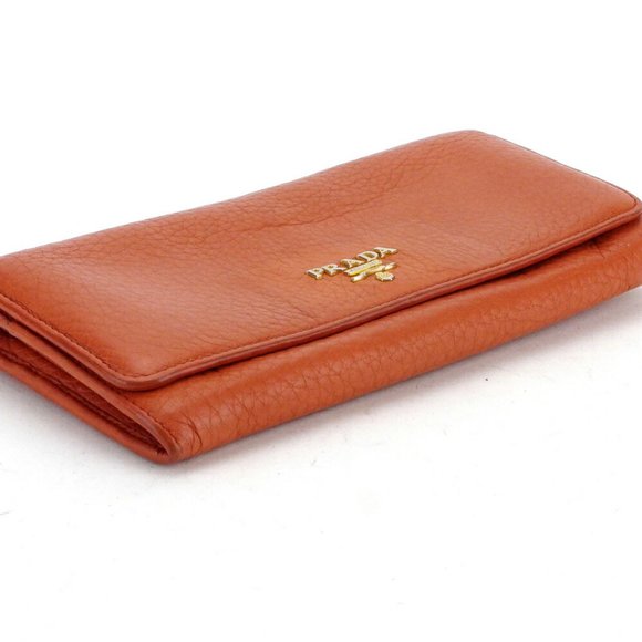 Authentic PRADA purse Zippered Wallet Ladies Mens Logo Orange Gold Leather - Picture 3 of 7